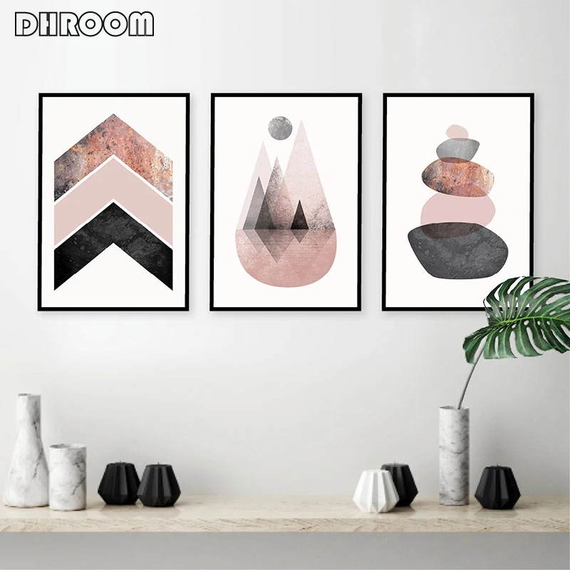 Scandinavian Prints Pink Grey Rose Gold Poster Chevrons Mountains Stones Canvas Painting Modern Abstract Wall Art Wall Decor