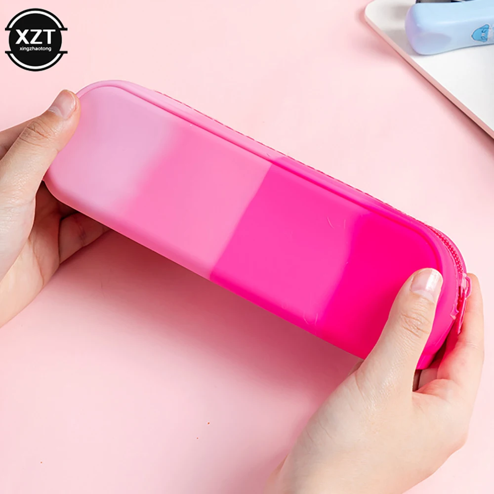 1Pcs Creative Gradient Color Pencil Case Silicone Waterproof Pen Bag Kawaii Large Capacity Storage Box School Office Supplies