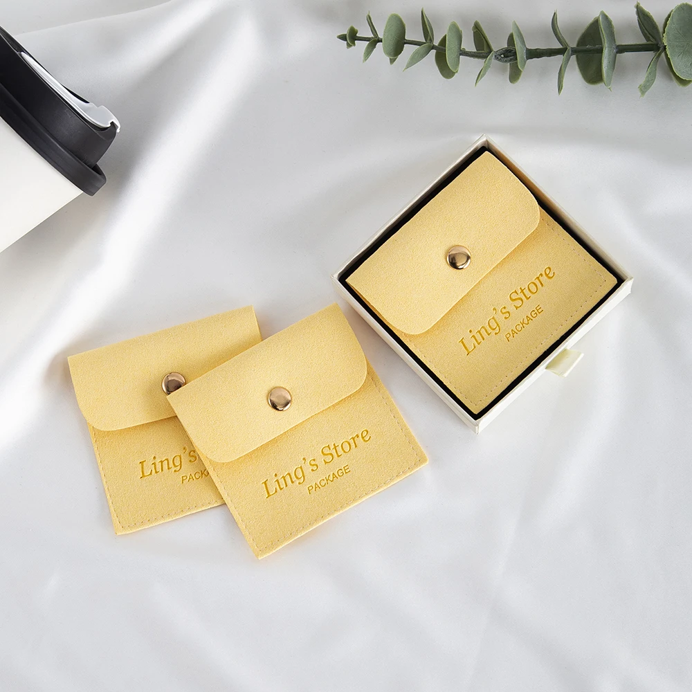 50 pçs logotipo personalizado microfibra jóias snap saco de veludo brinco anel colar embalagem malotes casamento presente do feriado mini recipiente