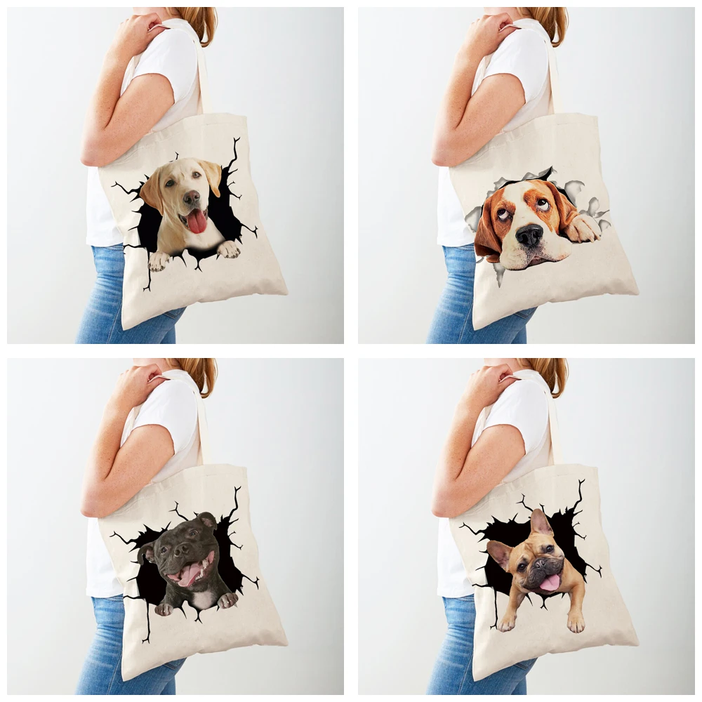 3D รูปแบบสุนัขการ์ตูนผู้หญิงกระเป๋านักช้อป Lady Canvas Tote กระเป๋าถือแบบใช้ซ้ําได้คู่ด้านข้างสัตว์เลี้ยงสัตว์พิมพ์ Casual Shopping Bag