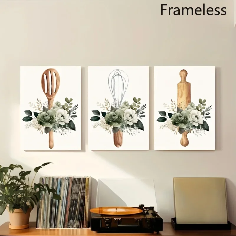 2D Flat, 2D Flat, Frameless 3pcs Set Canvas Art Prints - Green Watercolor Floral And Kitchenware Design, Thick Pine Wood Fram