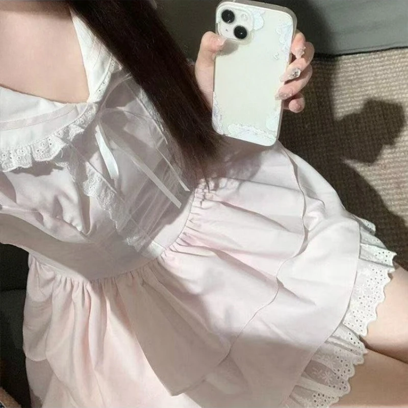 Sweet SAILOR COLLAR Slim ผู้หญิงชุดลูกไม้ Kawaii แขนสั้น Fluffy ชุดใหม่ Harajuku แฟชั่น Fairy เสื้อผ้าฤดูร้อน 2025