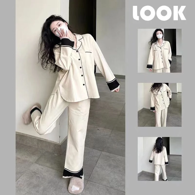 Patchwork Sleepwear Women Pajama Sets Button Piiama Long Sleeve Pants Sets 2 Pieces Night Wears Korean Autumn Casual Home Suit