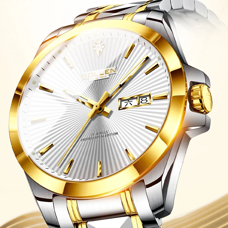 

SOLLEN-Japan MIYOTA Automatic Mechanical Watches for Men Waterproof Dual Calendar Luminous Hands Luxury Brand Clocks SL9083