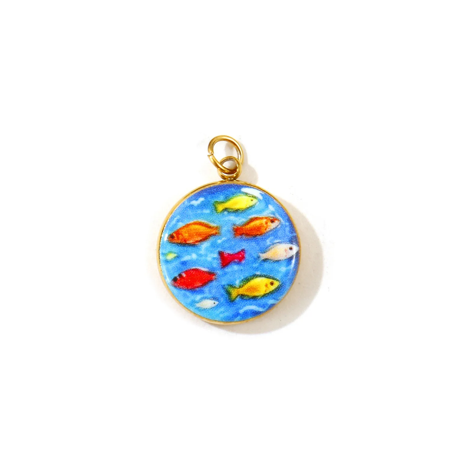 2 Stück Ozean-Schmuckanhänger, runde Scheibe mit Fisch- und Krabbenmotiv, 18K vergoldet, 304 Edelstahl-Anhänger, DIY-Halskette, Großhandel, 19x14mm – Detail 4