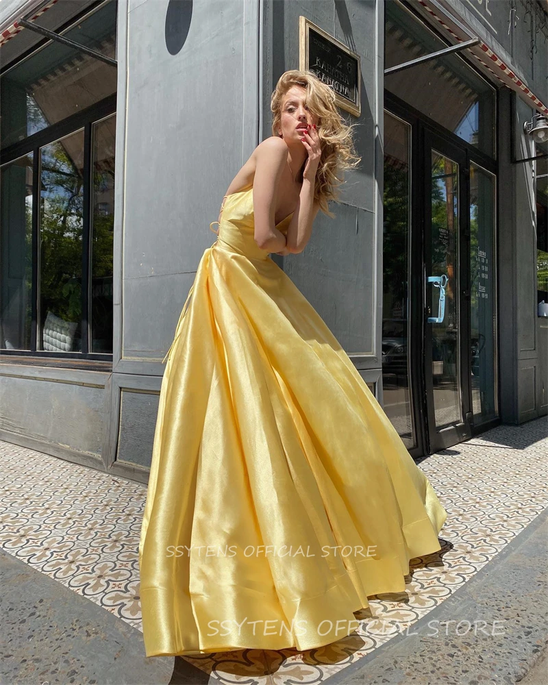 Elegant Yellow Satin Evening Prom Dresses Sparklelong A Line Formal Occasion Dresses Spaghetti Straps Elegant Vestidos De Gala