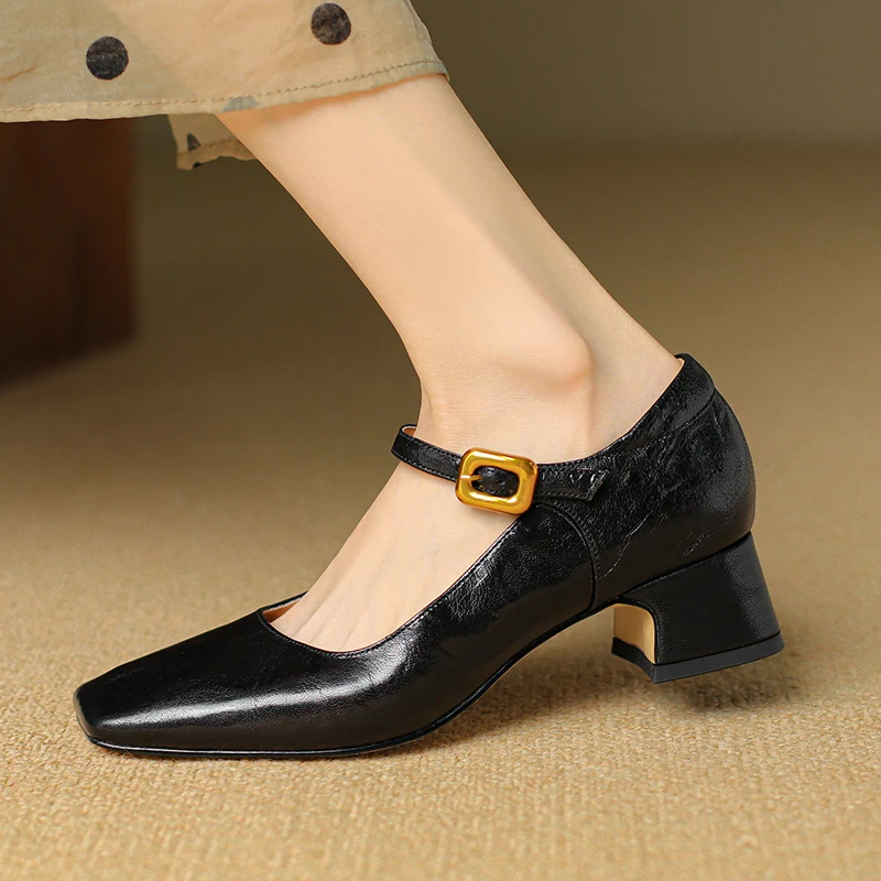 Women’s Vintage-Style Mary Jane Pumps Soft Kidskin Leather Gold Tone Adjustable Buckle Strap Mid Block Heel Comfort Fit Shoes