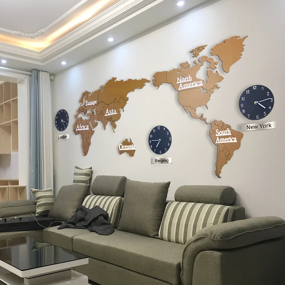 Large Wall Clock World Map Nordic Wooden Clocks Wall Home Decor Creative Silent Watches Luxury Living Room Decoration Gift