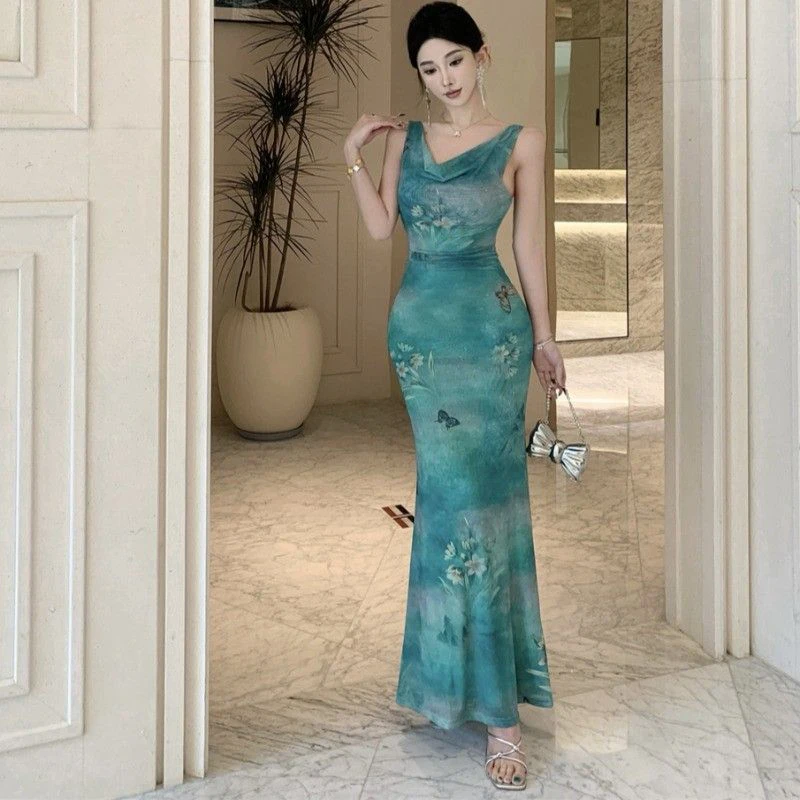 여성을위한 나비 프린트 메쉬 드레스 슬림 피트 민소매 엉덩이 포옹 롱 스커트