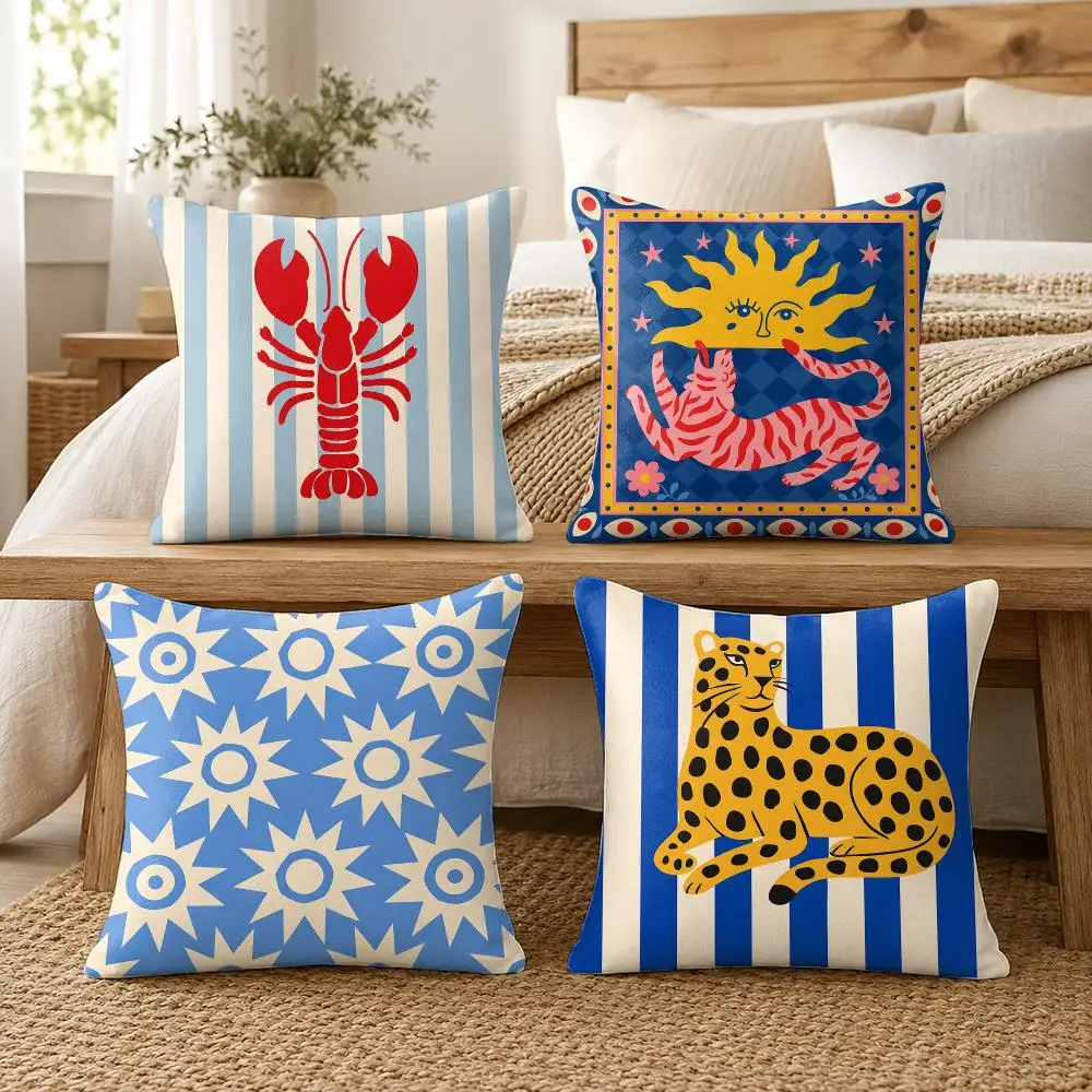 Blue Yellow Summer Art Cushion Cover Silky Short Plush Invisible Zipper Dustproof Sofa Pillow Case For Home Decor