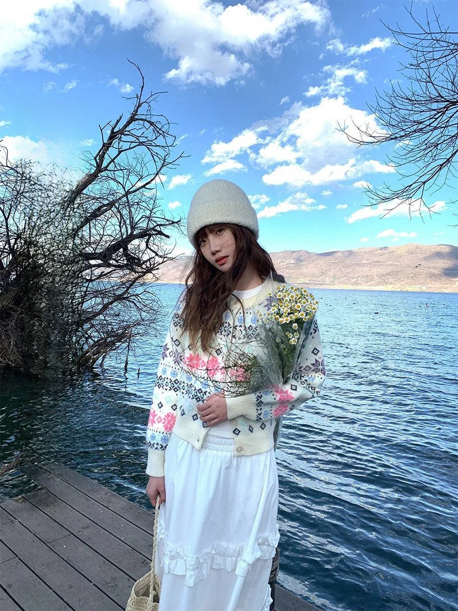 

Galaxy Soda Autumn Snowflake Knitted Sweater ort Sweet Sle Women's Outerwear Cardigan Warmth Emitting Long Sve Top