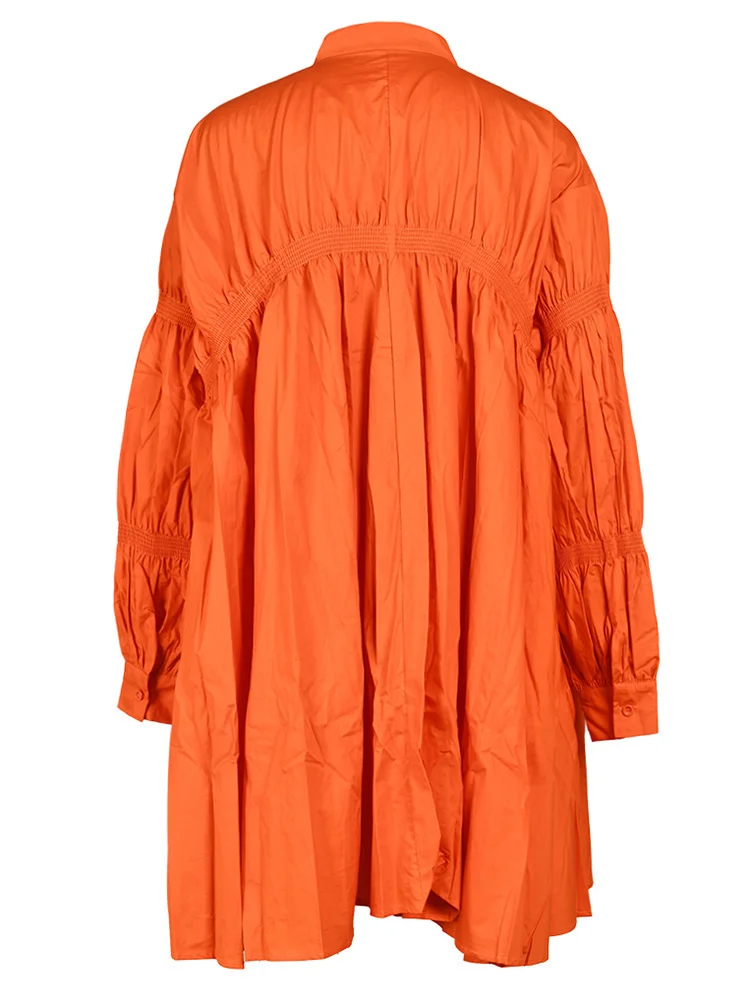 [EAM] Women Orange Irregular Pleated Big Size Dress New Stand Collar Long Sleeve  Fashion Tide Spring Autumn 2024  1DF4807115