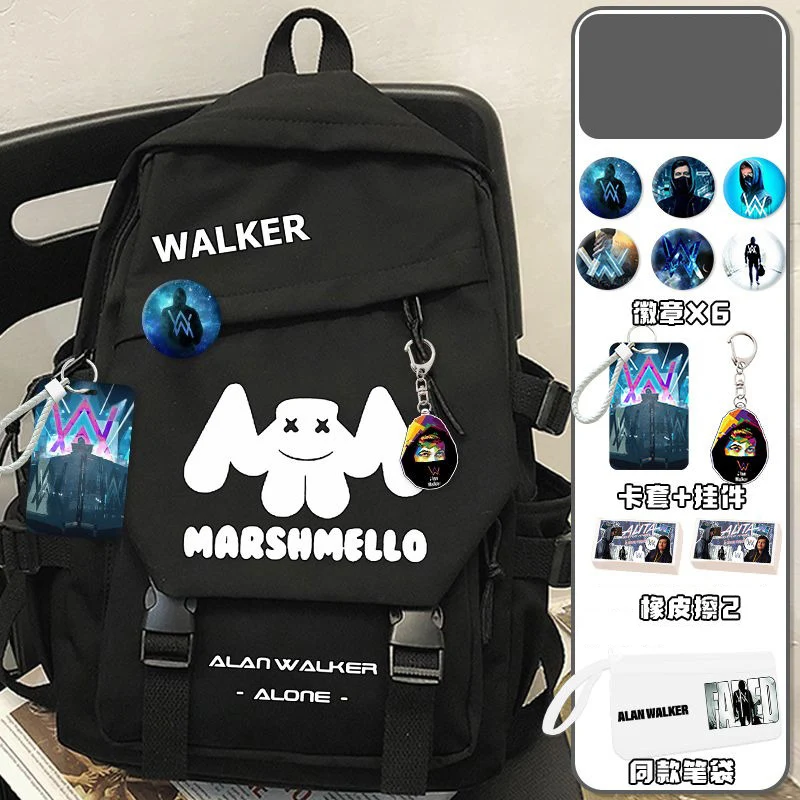 Tas ransel sekolah hitam putih, Alan Walker,AlanWalker, Marshmello, tas ransel sekolah anak-anak remaja kapasitas besar Mochilas Anime anak laki-laki dan perempuan