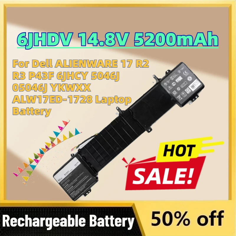 

Fast Shipping 6JHDV 14.8V 5200mAh Battery for Dell ALIENWARE 17 R2 R3 P43F 6JHCY 5046J 05046J YKWXX ALW17ED-1728 Laptop Battery