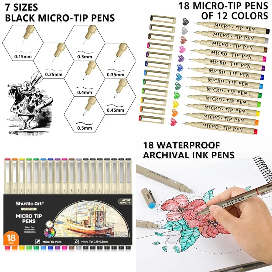 

Набор из 18 микролинейных ручек Shuttle Art — 11 водонепроницаемых ароматных чернил, фетровый наконечник 0,3 мм, 7 черных чернил, 0,15-0,5 мм для ведения журналов