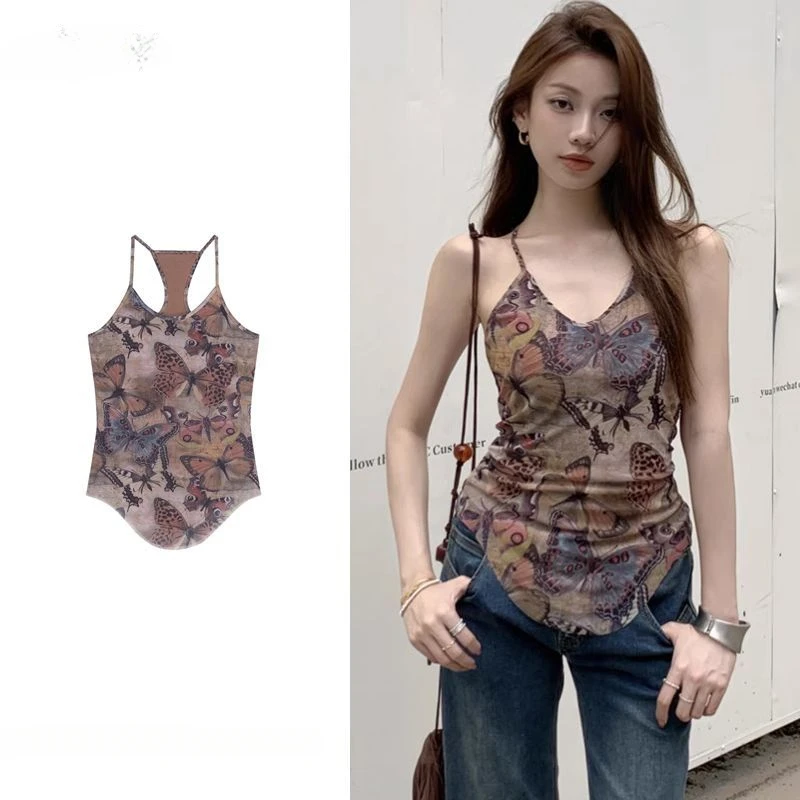 Women's Retro Butterfly Printed Sleeveles Camisole Spicy Girl Summer Backless Slim Irregular Short Suspender Tops Female Clothes