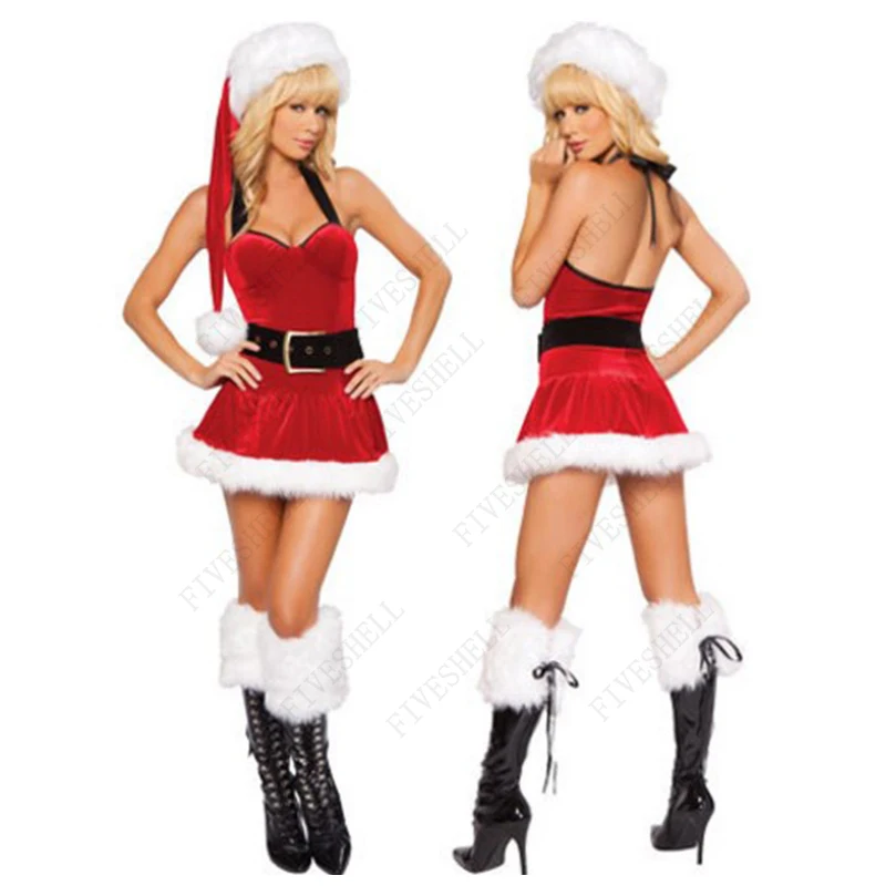 2024 Women Christmas Dress Party Halter Back Mesh Dress Red Velvet Bodysuit with Hat Santa Cosplay Sexy Costume Xmas Set