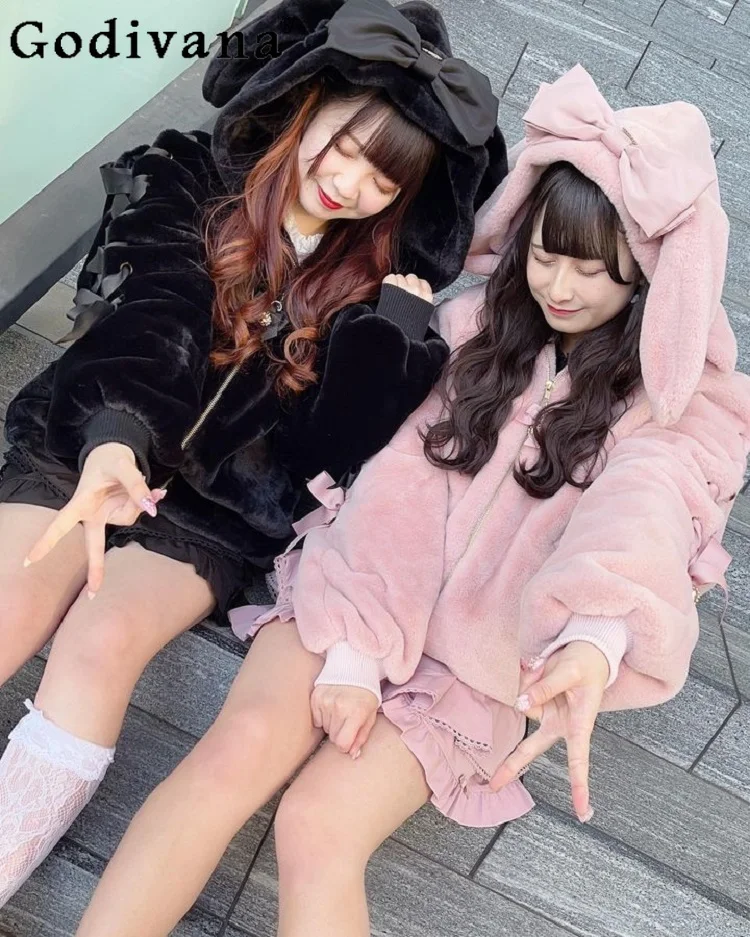 

Japanese Style Cute Sweet Mine Rabbit Ears Hooded Faux Fur Jacket for Women Bow Strap Zip Plush Jacket Coats Autumn and Winter