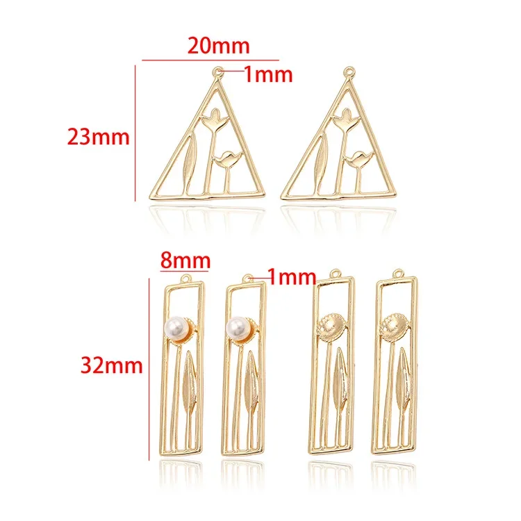 Brass Metal Forma Geométrica Pingentes, Cor Dourada, Chapeado Encantos, Brincos DIY, Componentes Colar, Achados, 4Pcs