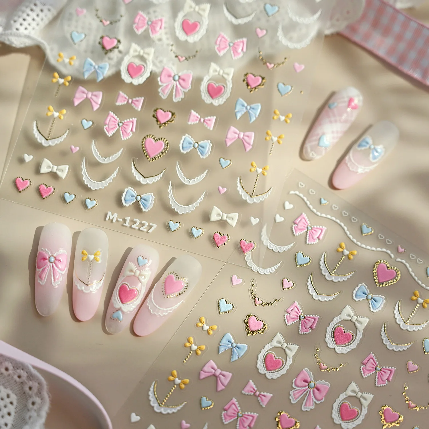 Lovely Pink Blue White Lace Bowknot Love Heart Gold Stamped 5D Reliefs Self Adhesive Nail Art Stickers Cute 3D Manicure Decals