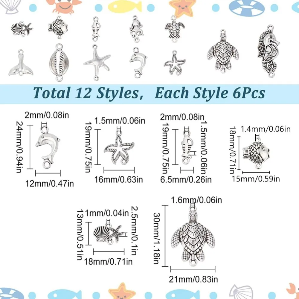 72Pcs 12 Styles Ocean Charms Sea Animal Charm Connctor Charms Summer Hawaii Leaf Link Charms for Jewelry Making Charm making kit