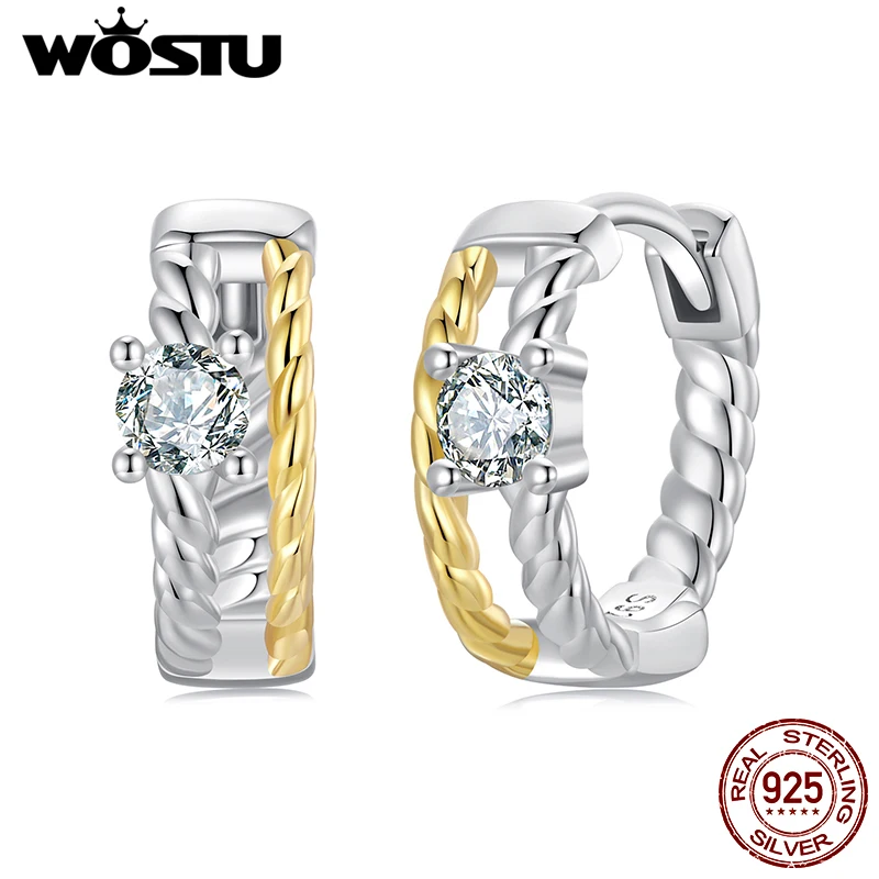 WOSTU Moissanite Two-tone Hoop Earrings 925 Silver 18K Gold Double Twisted Line Hoops Earring Certified Wedding Jewelry Gift