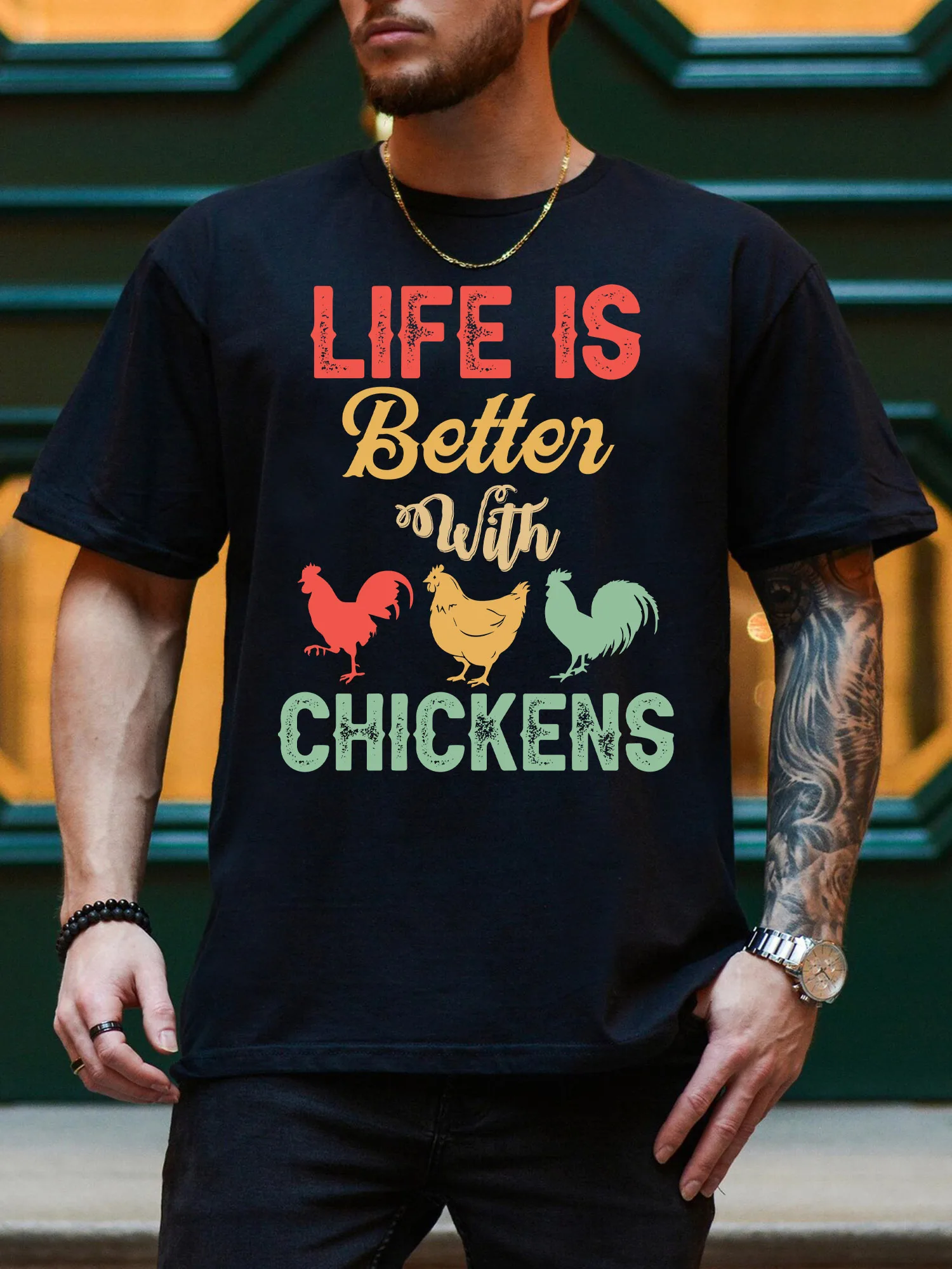 

Мужская футболка с рисунком Life Is Better With Chickens, повседневная черная футболка из 100% хлопка, легкая футболка с круглым вырезом