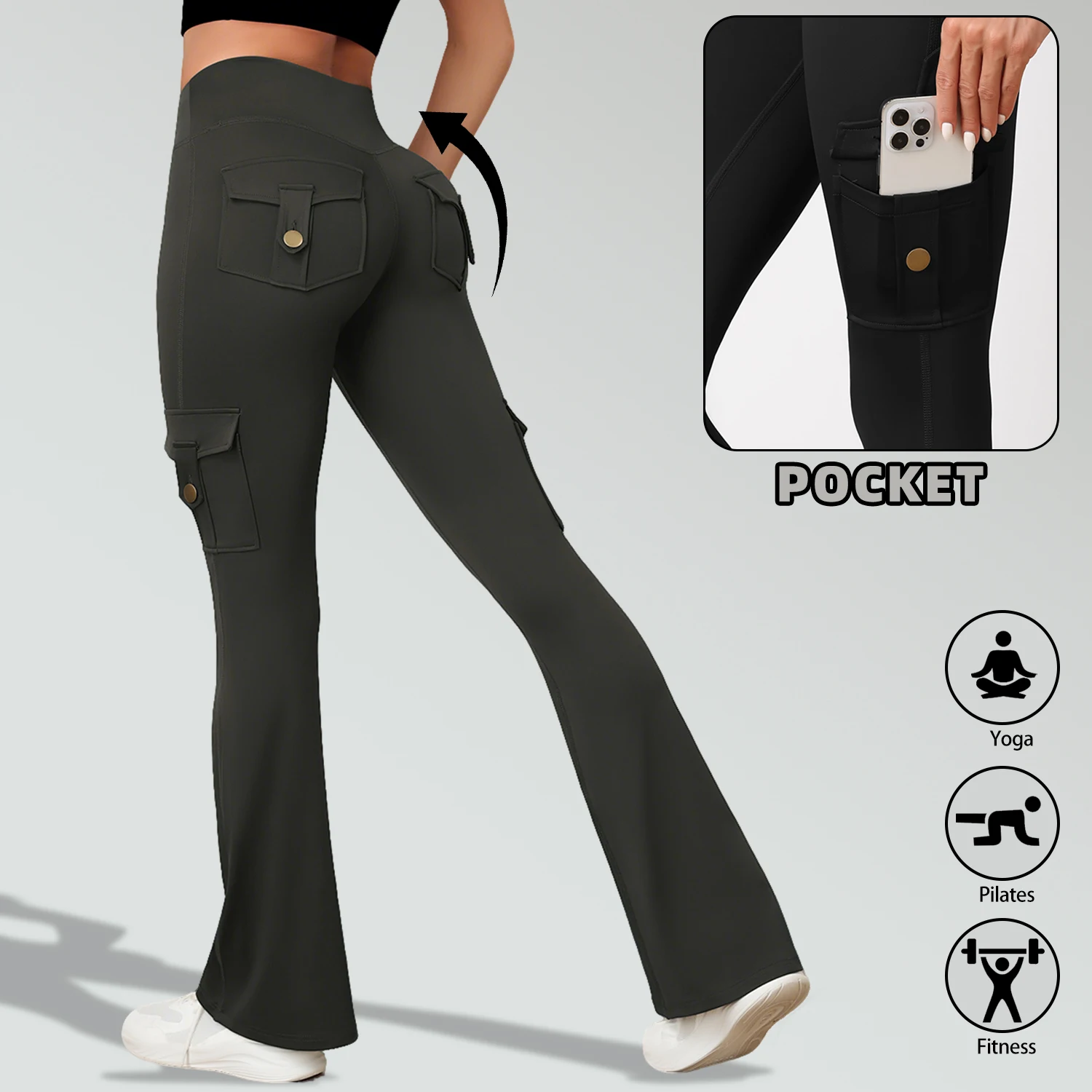 

Women's Fitness Pants With Pockets High-Waisted Flared Workout Long Trousers Push Up and Tummy-Control Fitness Causal Wide Pant