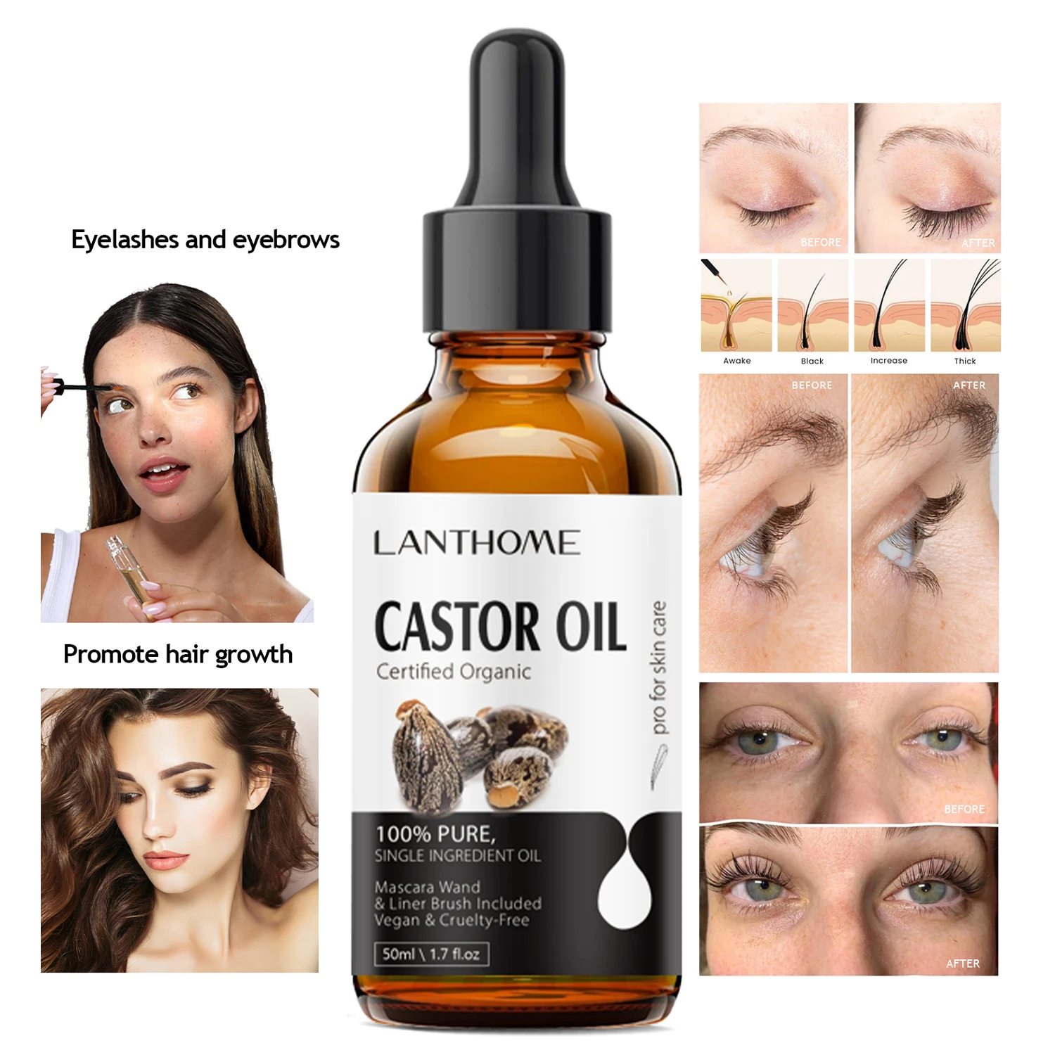 น้ํามันละหุ่ง Eyelash Growth Serum Eyelash Lifting Kit เสริมสร้างและซ่อมแซมผมเสียคิ้ว Hair Growth Essential Oils