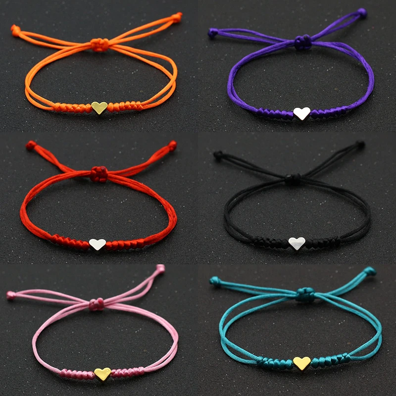 Hfarich Lucky Tiny Heart Bracelets For Women 9 Colors Handmade Braided Rope Jewelry Black Pink Red Bracelet Female Wholesale