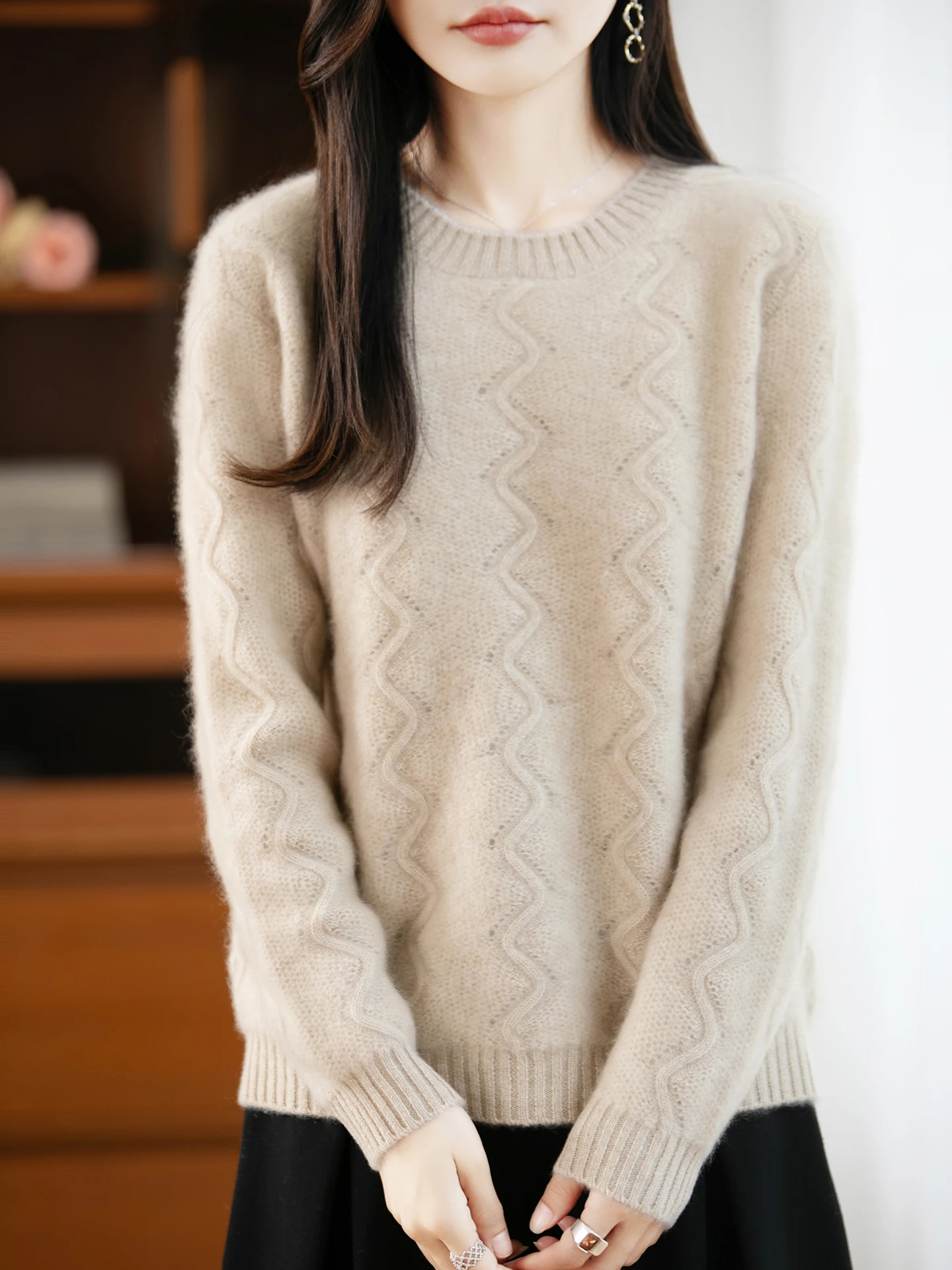 100% Merinowolle Frauen Modische Pullover Oansatz Einfarbig Welligkeit Muster Stricken Dicke Top Herbst Winter Casual Kleidung