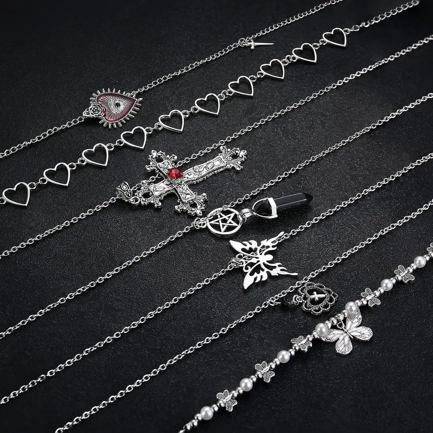 33Pcs Grunge Vintage Punk Necklace Jewelry Set Gothic Earrings Fairy Butterfly Boho Crystal Y2k Cross Pendent Butterfly Heart Choker Goth Stackable Knuckle Rings Adjustable Y2k Accessories for Women Men view 4