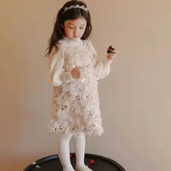 Spring Girl's Winter Cotton Sleeveless Dresses Versatile Sequin Princess Dress New Tassel Cotton Tank Top Sequin Feather Dress