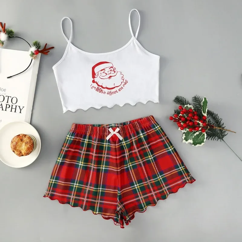 Christmas Pjs for Women Crop Tops Pj Set with Shorts Round Neck Camisole Cute Pajama Sets Halter