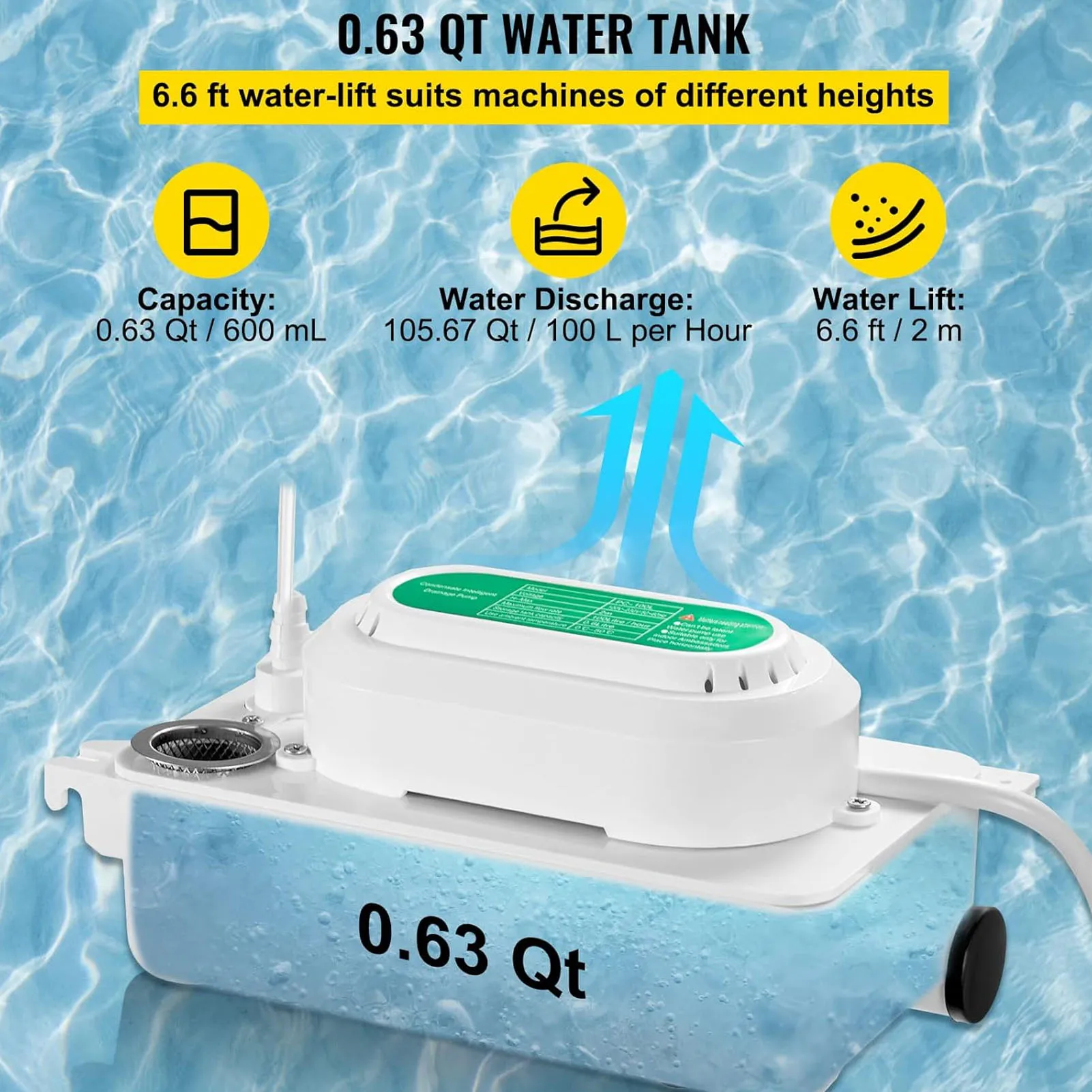 Condensate Pump Automatic HVAC Lift Removal Drain 100L/H  with 500ml  for Dehumidifier 100‑230V HVAC Condensate Pump
