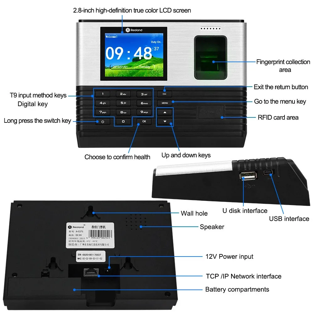 Wifi RFID 2.8inch Biometric Fingerprint Time Attendance TCP/IP USB Office Check-in Realand System Time Clock Free Software