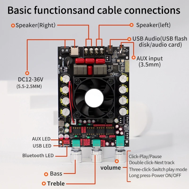 Módulo de amplificadores compatible con Bluetooth XYT220H, 220W + 220W, ajuste de frecuencia de graves triples, 2 canales, TPA3251, 20Hz-20KHz