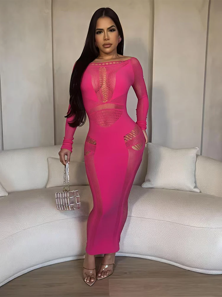 女性のセクシーなメッシュドレス長袖中空アウトシースルーボディコンミディドレススリムフィットパーティークラブナイトアウトドレス