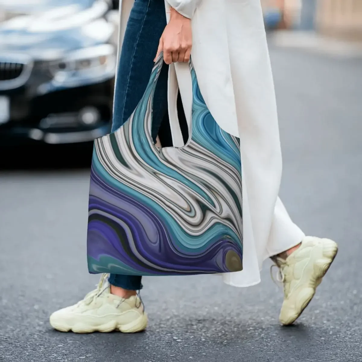 Custom Modern Chic Blue Purple Marble Swirls Grocery Shopping Tote Bag Women Canvas Shoulder Shopper Bags Big Capacity Handbags