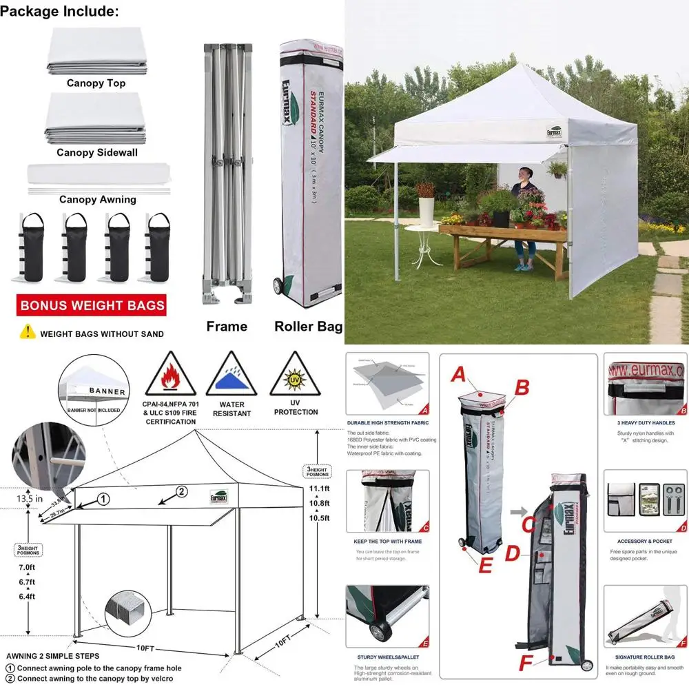 10x10フィート アメリカ製 屋外パーティーテント、4つのジッパー付き側面、ローラーバッグ、サンドバッグ、日よけ付き（ホワイト）