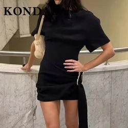 KONDALA Chic Asymmetrical Black Buckle Party Dress Pleated Sheath Short Sleeve Mini Dress Elegant Night Party Club 2025 Vestido