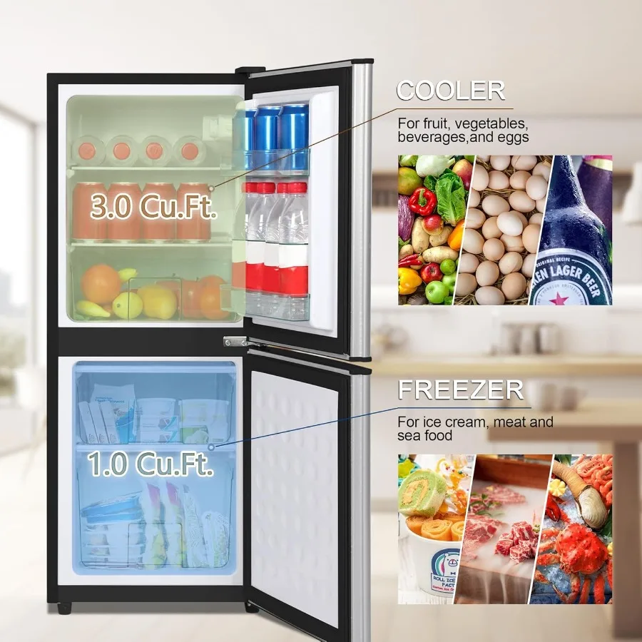 مدمج 4.0 مكعب. قدم. ثلاجة صغيرة ببابين مع فريزر وتحكم في ترموستات 7 مستويات للمكتب وغرفة النوم باللون الفضي - الطاقة