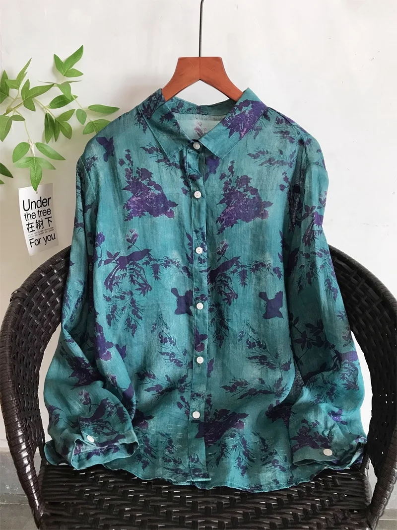 Enianechu Camicie con stampa a pois in puro lino ramio al 100% Camicetta da donna colorata con pois arcobaleno Traspirante Natura Top a maniche lunghe