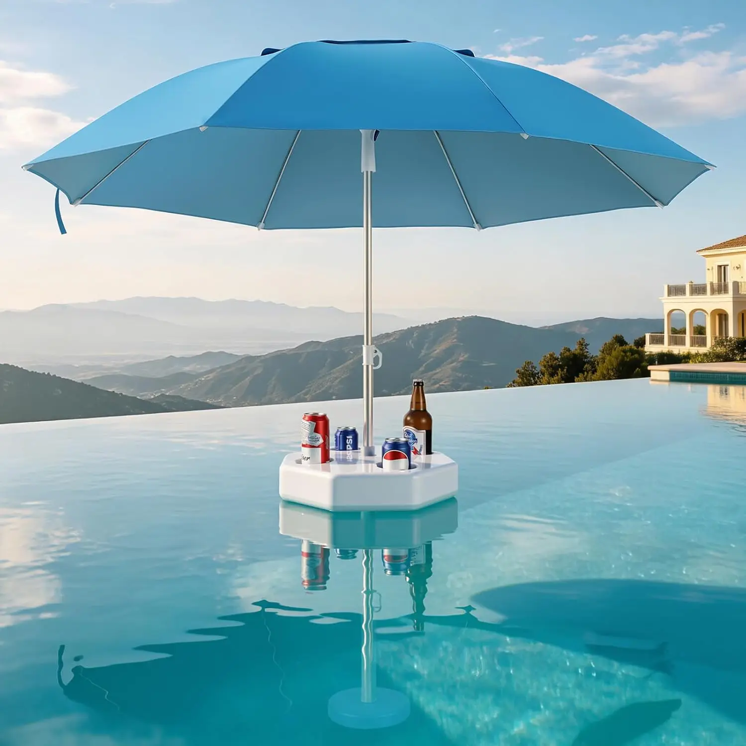 Floating Pool Umbrella With Weighted Base, UV Protection Sun Shade Water Umbrella Floating Table With 4 Cup Holders, Height Adjustable Aluminum Pole For Swimming Pool Beach Lake, Blue