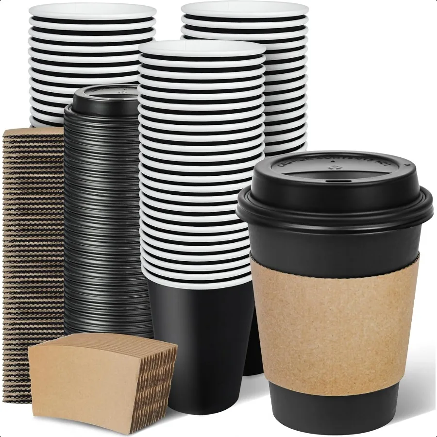 

100 Pack 12 oz Coffee Cups with Lids and Sleeves To Go LeakProof Black Paper Cups for Picnics Parties Travel Offices and Coffe