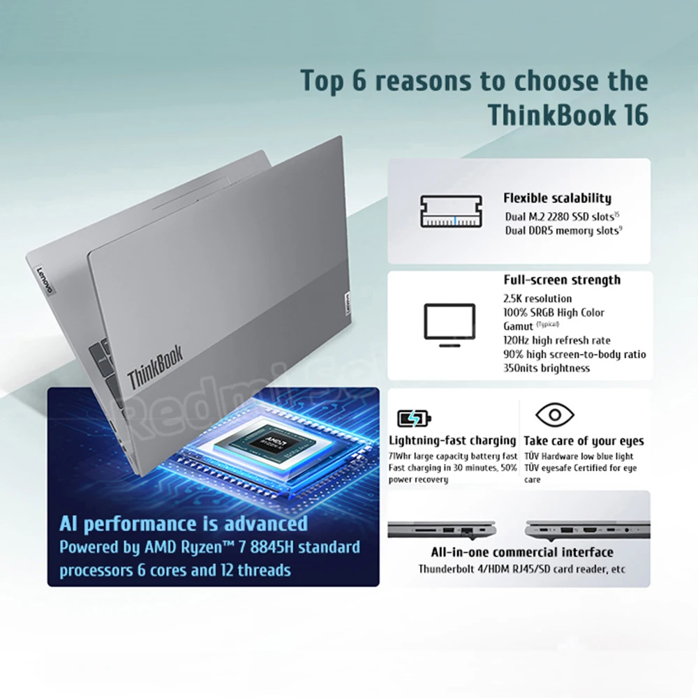 Lenovo ThinkBook 16 Laptop 2024  ADM Ryzen R7 8845H Radeon 780M 16G RAM 1T SSD 16-inch 2.5K 120Hz Screen Notebook Slim PC