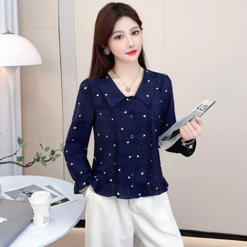 2025 otoño nuevo amor impreso camisa de manga larga con volantes fino estilo occidental versátil Top para mujeres