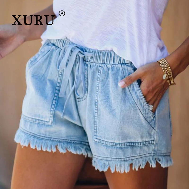 XURU-Women's Elastic Waist Jeans, High Street Thin Shorts, New, Europe and The United States, N3-3058