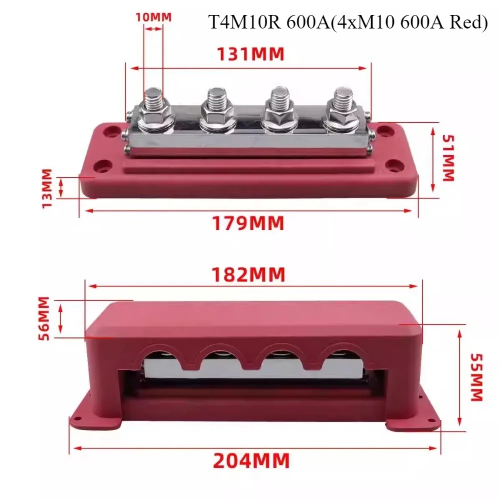 T4M10 600A Power Distribution Block Bus Bar Car Terminal Block with Cover 4xM10