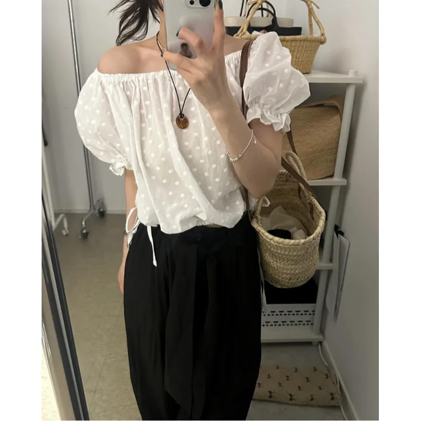 

Chic Embroidered Shoulder Bowed Waist Short Sleeve Shirt Korean Style Spring Summer Women's Fashion Casual Versatile Top